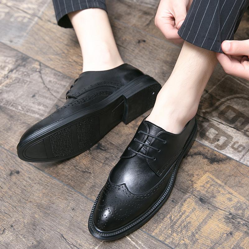 Large Size Brock Engraved Men's Leather Shoes Business Dress Round Head Leather Shoes Groom Wedding Shoes