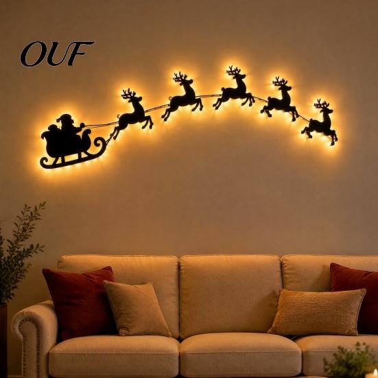 Reusable Christmas Wall Ornament Lighted Santa Sleigh Reindeer Decor with Remote, 3D Light Up Wood Peel Ambient for Bedroom And Stick Entryway