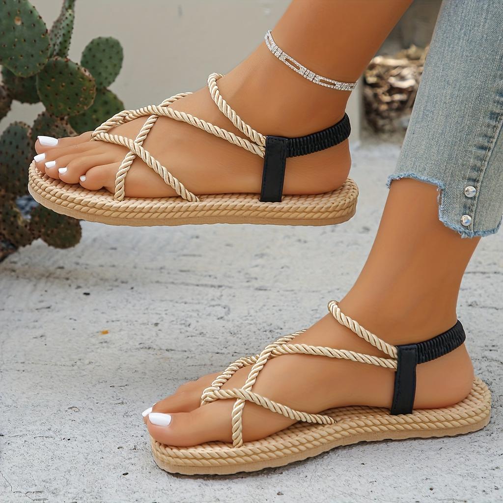 Women'S Fashion Woven -Toe Elastic Band New Flat Casual Sandals, Women Shoes