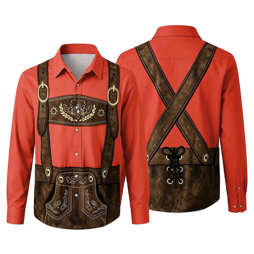 Camicia da uomo per l'Oktoberfest con stampa 3D, vestibilità larga, manica lunga, colletto, casual, stile vintage, traspirante, per lavoro, festival all'aperto, festa