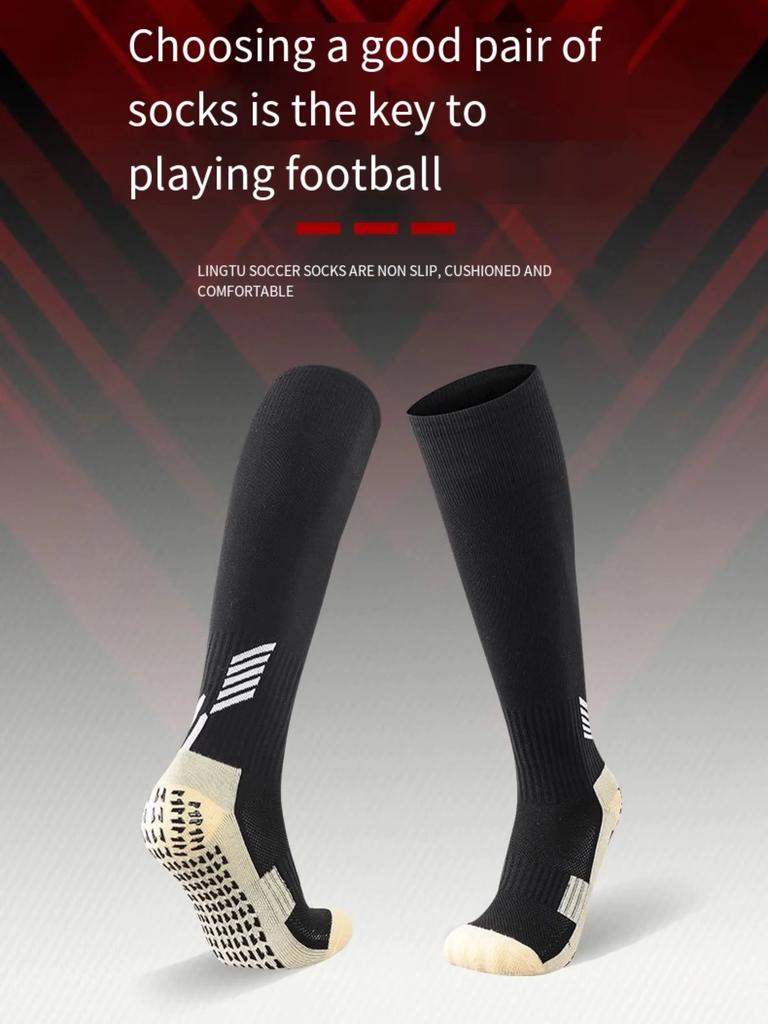 Anti Non Slip Football Socks Cut Black Long Length Adhesive Towel High Leg Grip Soccer Stockings Sports for Men and Children