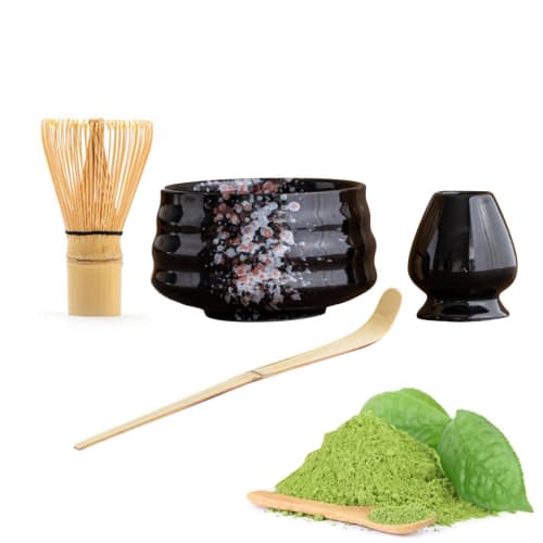 This 4-piece tea ceremony set includes a tea whisk, a 100-piece tea whisk holder, a straightening tool, a tea scoop, and a matcha bowl. It's compact a