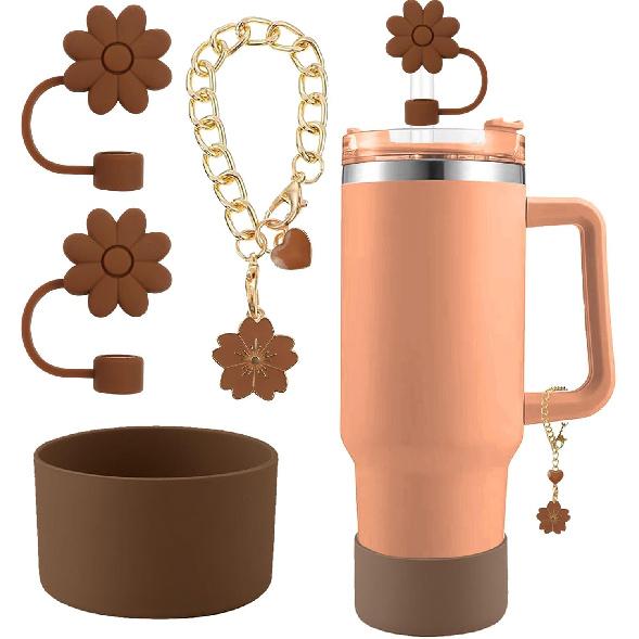 Accessories for Stanley Cup Set,2Pcs Flower Straw Cover Caps 10mm Reble Brown Straw Toppers,1Pcs Cute Handle Charm and 1Pcs Silicone Boot Sleeve for A0-Brown