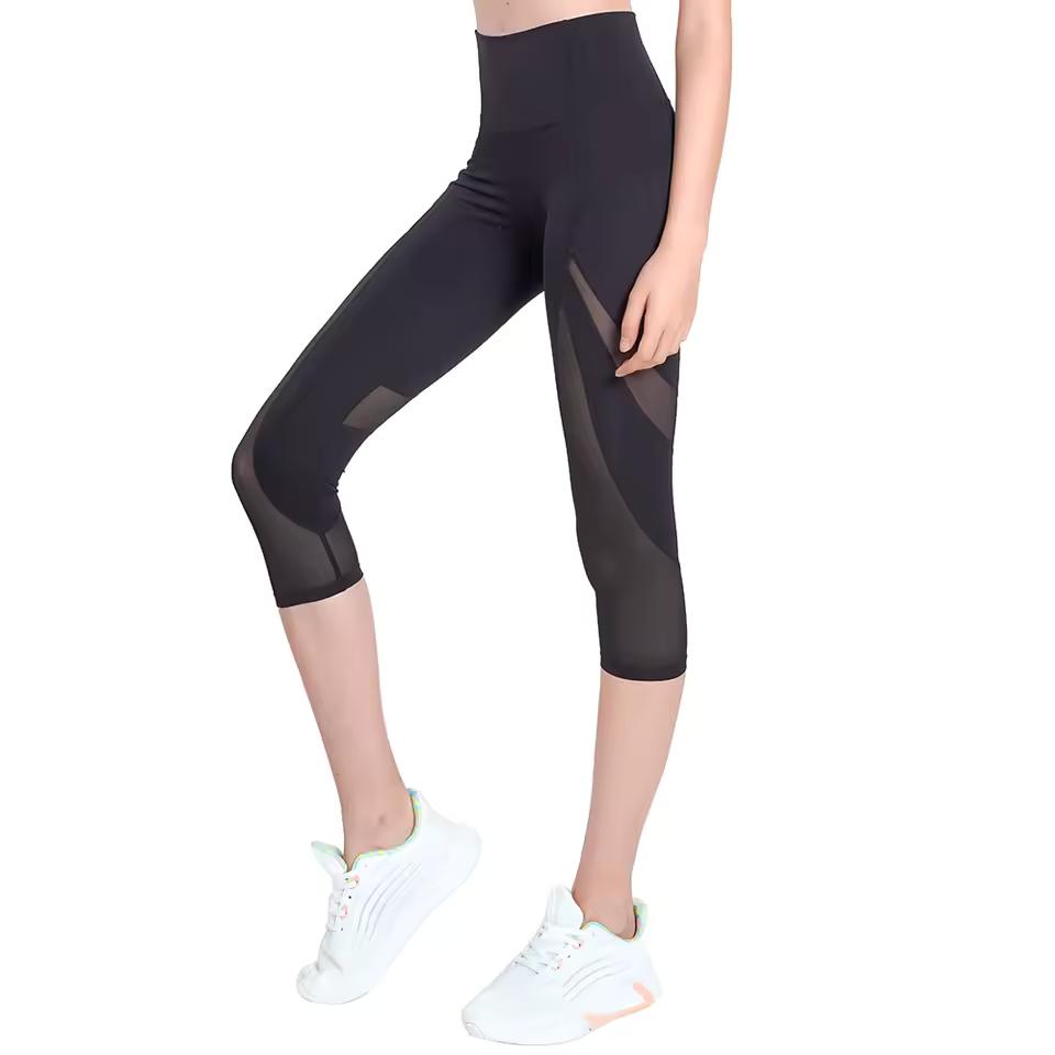 

Спортивные леггинсы из сетки с высокой талией, облегающие брюки для йоги, быстросохнущие капри, укороченные фитнес-леггинсы, дышащие брюки, брюки для бега и фитнеса S чёрный