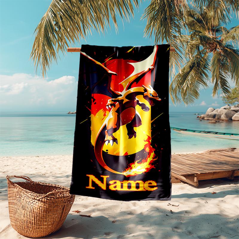 Personalized customized proof beach towel with Pokémon Charmander pattern - soft, absorbent,quick-drying,perfect swimming,camping&bathing