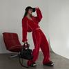 Womens Velvet Contrast Stripe Knit Cardigan Pants Set Streetwear Outfit Long Sleeve Casual Two Piece Ensemble