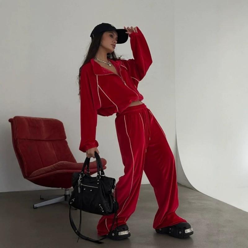 Womens 2026 Street Style Velvet Striped Knit Cardigan Pants Set Casual Sport Wear