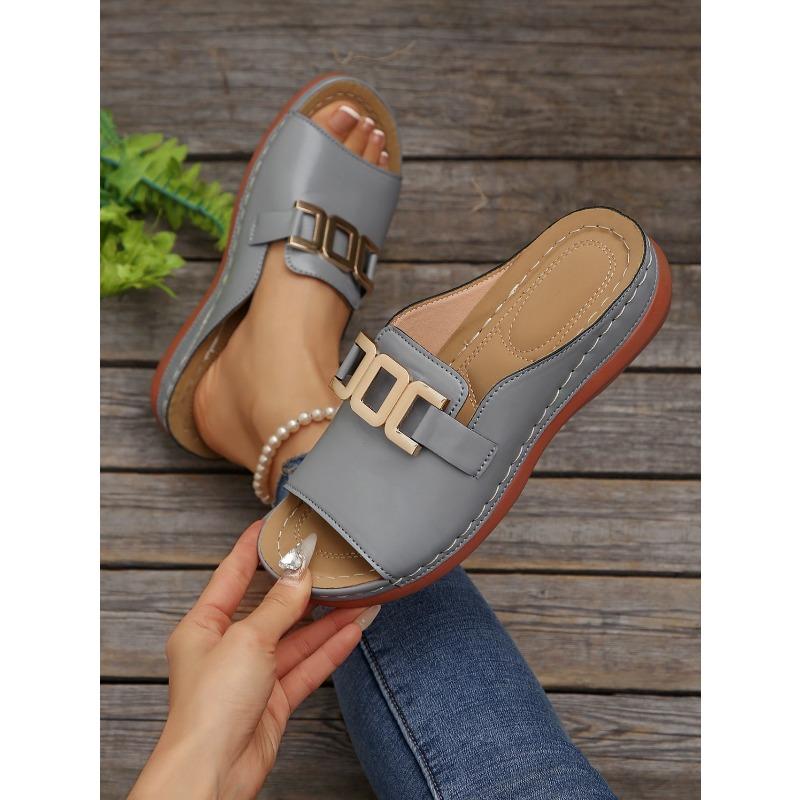 Women's Plus Size Platform Slide Sandals, Metallic Buckle Chunky Heel Summer Shoes