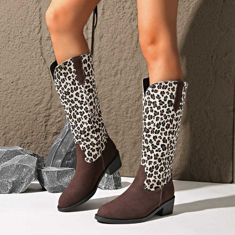 Fashion Plus Size Western Cowboy Boots Women's Retro Fall New Pointed Toe Mid-Tube Leopard Print Paneled Knight Boots