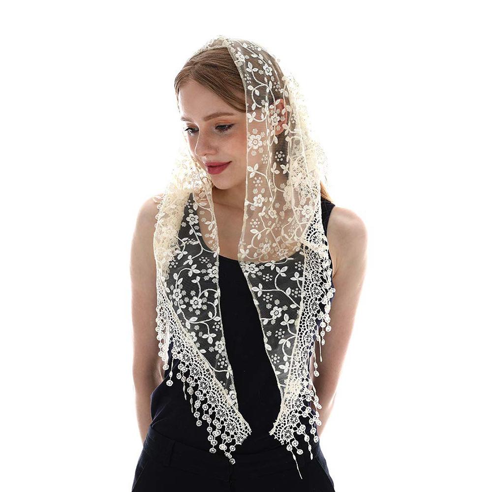 Women Lace Triangle Scarf for Church Embroidered Scarf Tassel Church Shawl Pendant Spanish Lace Mantilla Veil Head Cover