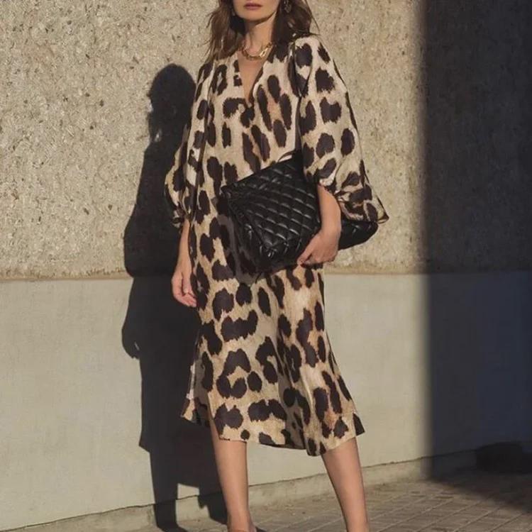 Autumn/Winter Leopard Print V-Neck Lantern Sleeve Maxi Dress