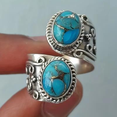 Vintage spoon ring Postriebrený vykladaný tyrkys Retro vyrezávanie kvetov Vhodné pre mužov a ženy Hodia sa k každodennému outfitu Party doplnok