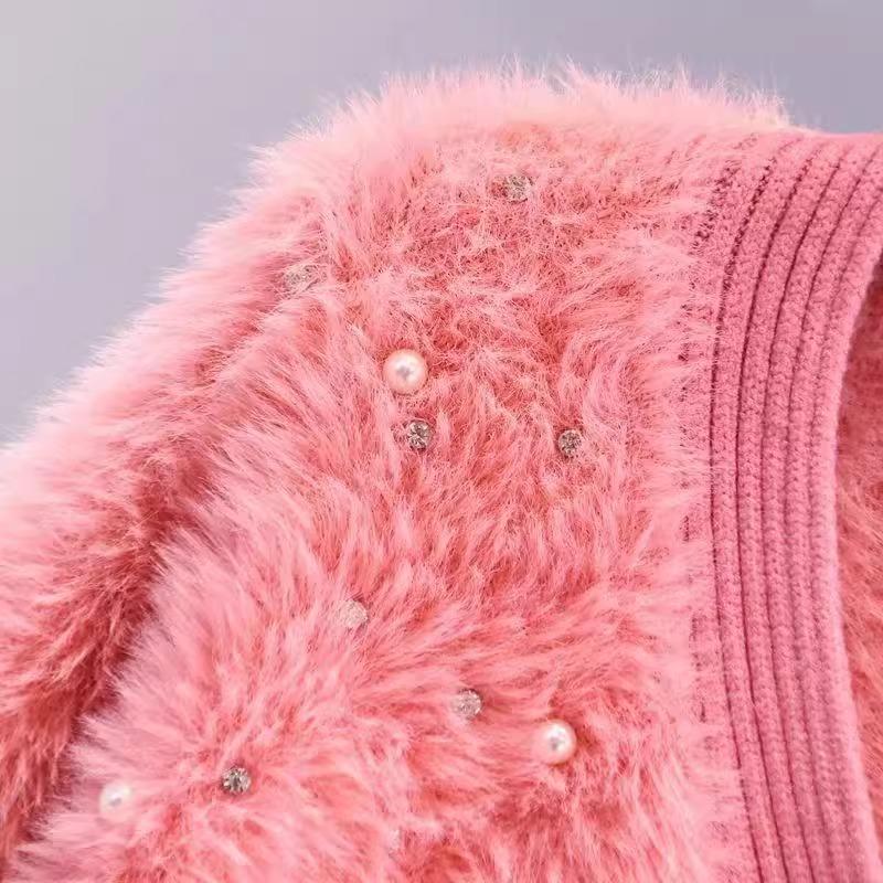 Autunno Inverno Donna Scollo a V Lussuoso Perline Bottone a Cuore Mohair Maglione Lavorato a Maglia Peloso Cardigan Natalizi Top