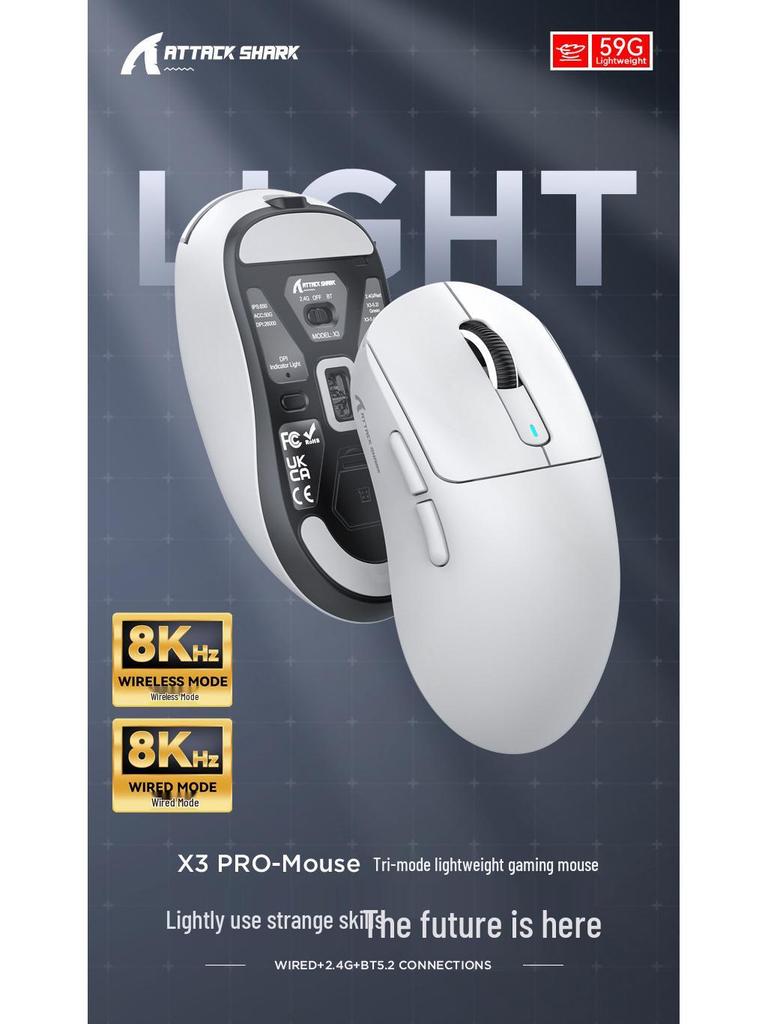 Attack Shark X3PRO Lightweight Esports Gaming Mouse - PAW3395, Three-Mode Wireless, 8K Resolution
