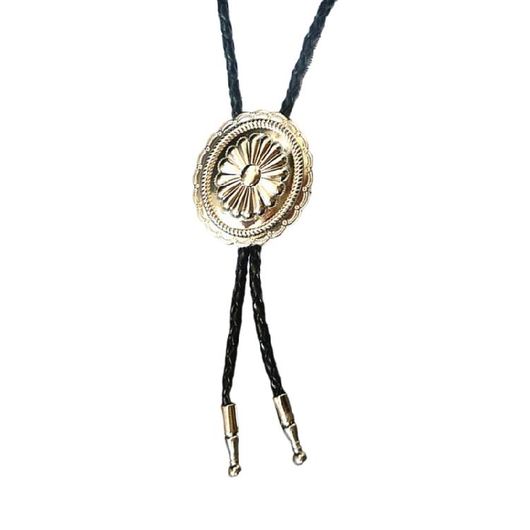 Western Cowboy Vintage Metal Flower Bolo Tie Adjustable Braided Rope Necktie Feathered Pendant Charm Jewelry Necklace