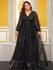 Damen Übergröße Pailletten Blumen Abendkleid mit Laternenärmeln und V-Ausschnitt