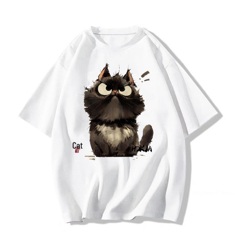 

Хлопковая футболка 2025 American Retro Kitten - Унисекс, короткий рукав, летняя уличная одежда, свободный крой, стиль хип-хоп XL белый