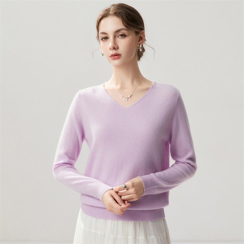 Lekasha Women's Cashmere Goat Wool V-Neck Pullover: Autumn/Winter Plain, Solid Color, Loose Fit Base Layer.