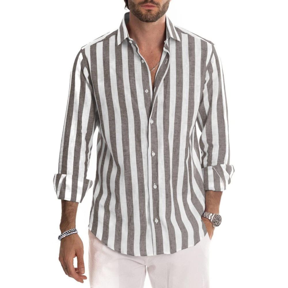 Men's Autumn Long Sleeve Striped Shirt Lapel Loose Tops Man Clothing