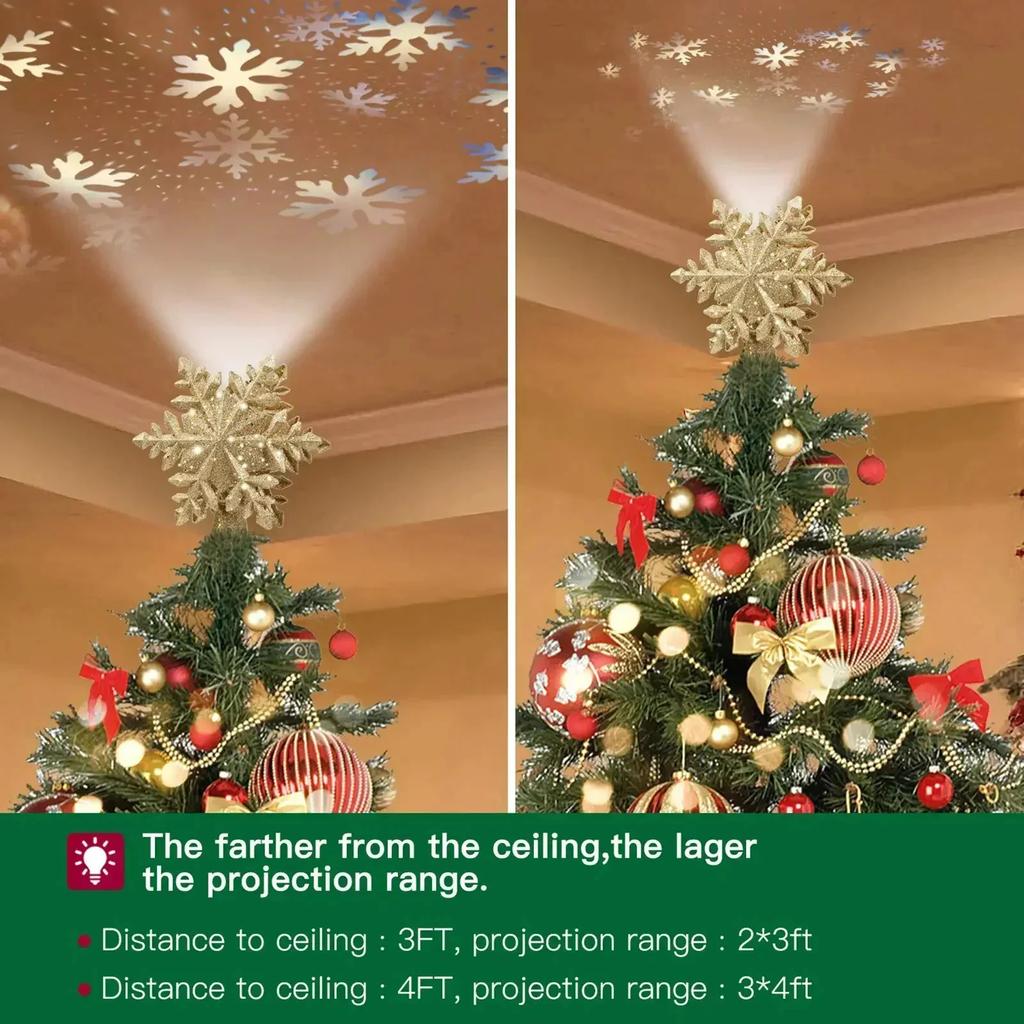Christmas Tree Topper Lighted with Snowflake Projector,1D Hollow Glitter Lighted Snow Tree Topper for Christmas Tree Decorations