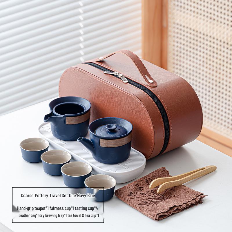 Elegant Portable Ceramic Tea Set with Wooden Tray: 1 Teapot & 4 Cups for Outdoor Adventures