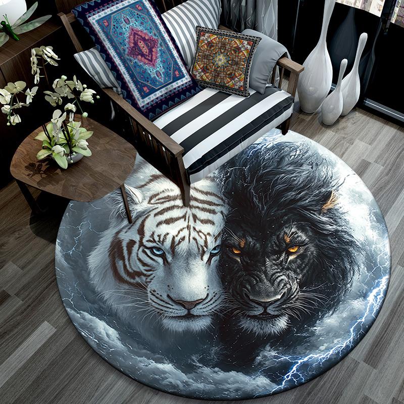 Yin Yang Tiger Lion Round Area Rug,Carpet Rug for Living Room Bedroom Sofa Playroom Decor,Non-slip Floor Mat