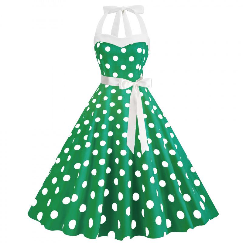 Retro Polka Dot Halter Flared Dress - European & American Hepburn Style with Lace-up Backless Design for Bridesmaid or Performance