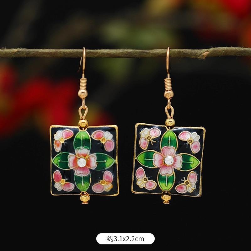 Chinese retro cloisonne enamel earrings female classical temperament simple flower earrings niche design earrings