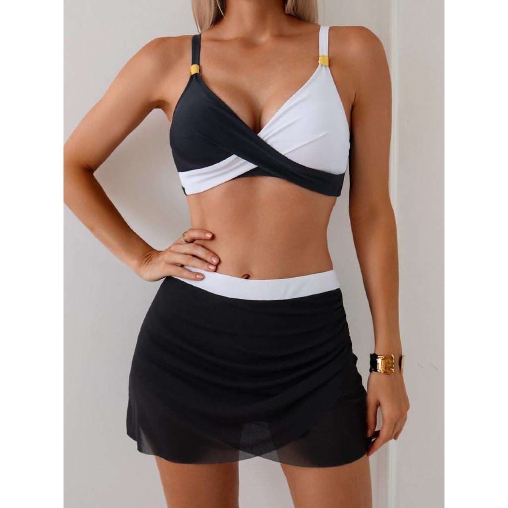 Women's Swimsuit, Patchwork Swimsuit, Deep V-neck, Two-piece Swimsuit, Mesh Skirt Sports Swimsuit