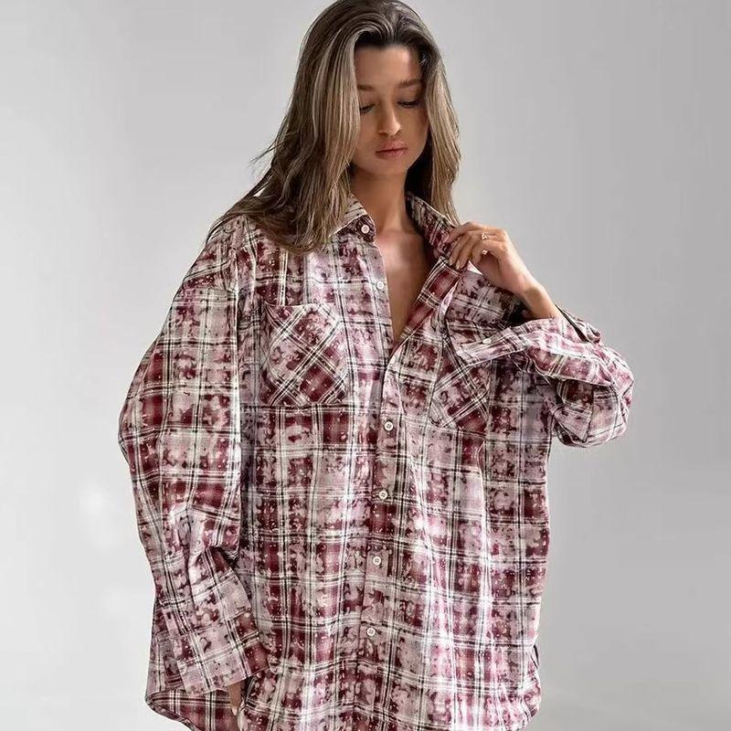 Fashion Style New Arrival Retro Lapels Loose Casual Plaid Shirt Loose Vintage Plaid Shirt