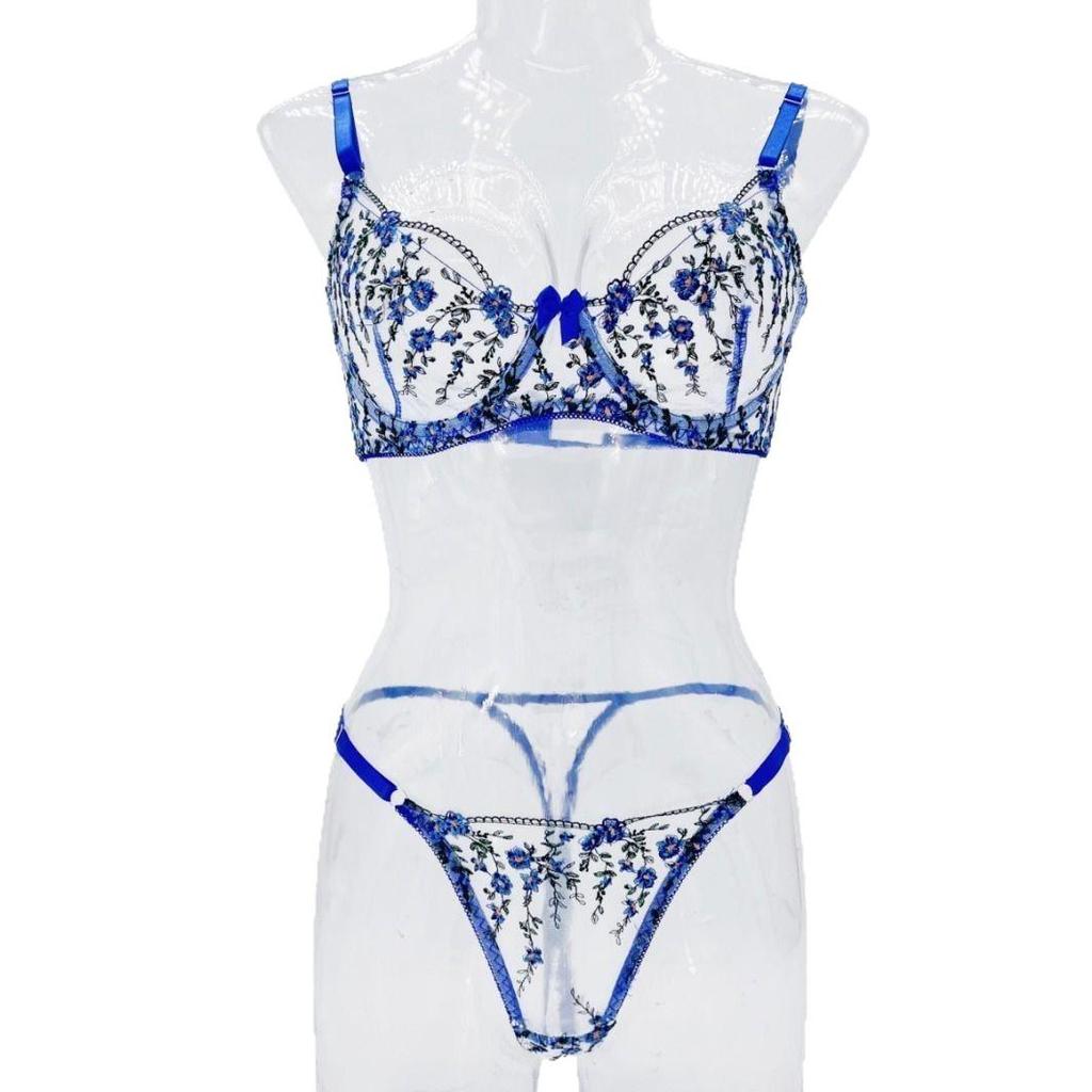 Floral Embroidered See-Through Lingerie Set with Sexy Gathering Bra for Women