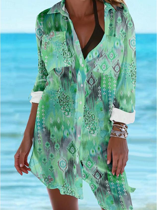 Trendy 3D Floral Print Lapel Long Sleeve Dress