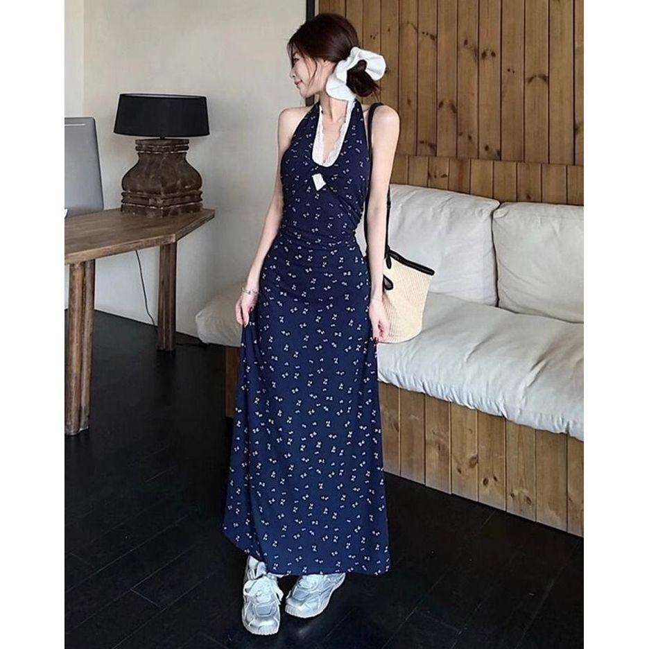 Kink lace neck sling floral dress women's summer new seaside vacation beach dress