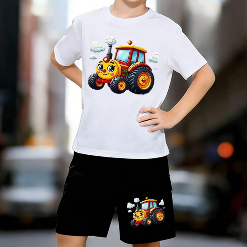 

Boys 2 Piece Cartoon Tractor Printed Outfit, Short Sleeve T-Shirt and Shorts Set for Kids Age 5-14, Black and White Sporty Casual Summer Clothes 13-14 Years