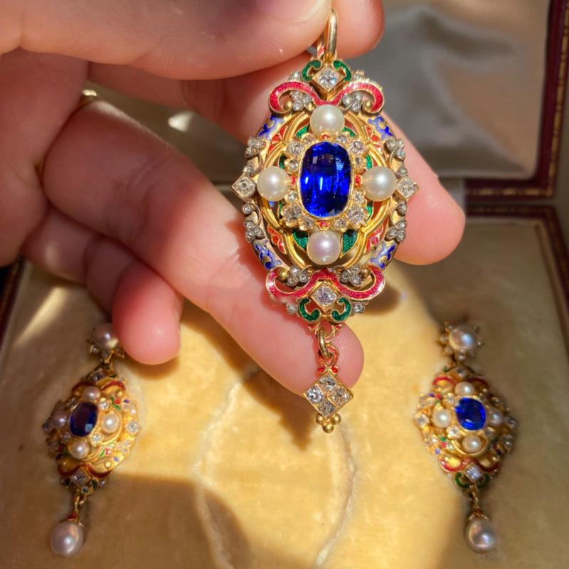 

BELLA BOX Длинные серьги с подвеской из жемчуга и сапфировой эмалью, антикварный комплект для женщин No.1 синий