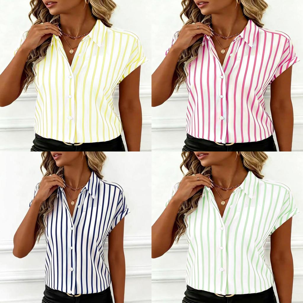 Striped Blouse For Women With Polyester Fabric Short Sleeve Office Style For Spring 2026