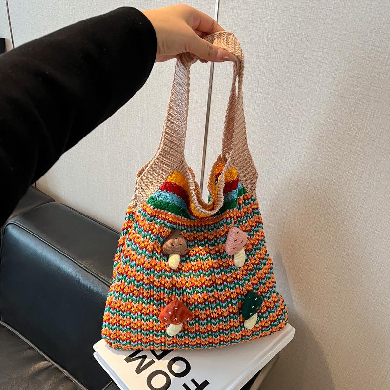 

2025 Autumn Bohemian Colorful Knitting Shoulder Bags Large Capacity Hollow Out Stripe Tote Bags For Travel Commuting Handbags 35-34-1cm