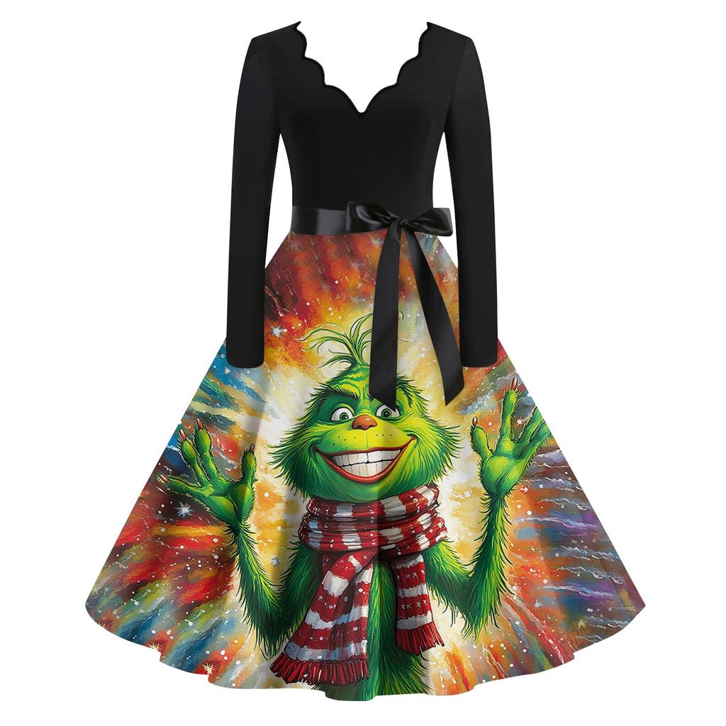 Women's Casual Fashion Print Long Sleeve Dress Cutout Party Casual V Neck Dress