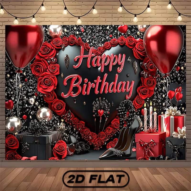 

2D Adult Birthday Backdrop, Black Red Happy Birthday with Roses & Gifts Background 47.2x31.5inch/120*80cm
