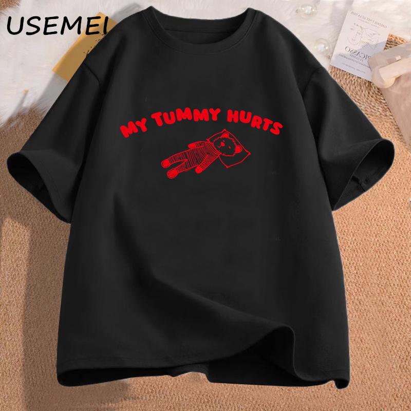 My Tummy Hurts Bear Meme Graphic T Shirts Cotton Short Sleeves T-shirts Oversize Man Clothes Funny Print Tees Shirt Men's Clothes