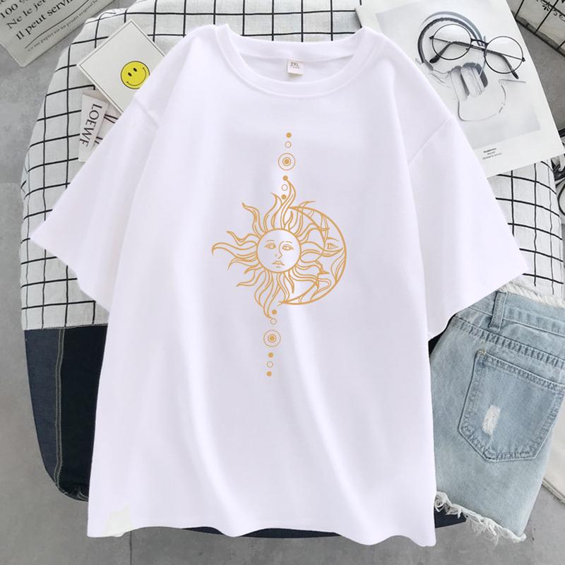 Funny'S Sun And Moon Face Print Women Tshirt Summer Cool T Shirt Hip Hop Oversized Short Sleeve Fashion Cotton Short Sleeve