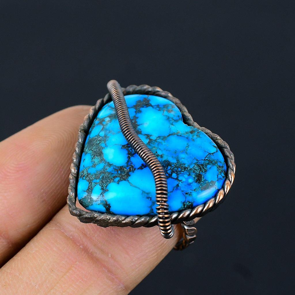 Tibetan Turquoise Gemstone Copper Wire Wrapped Handmade Jewelry Ring For Wedding Gift
