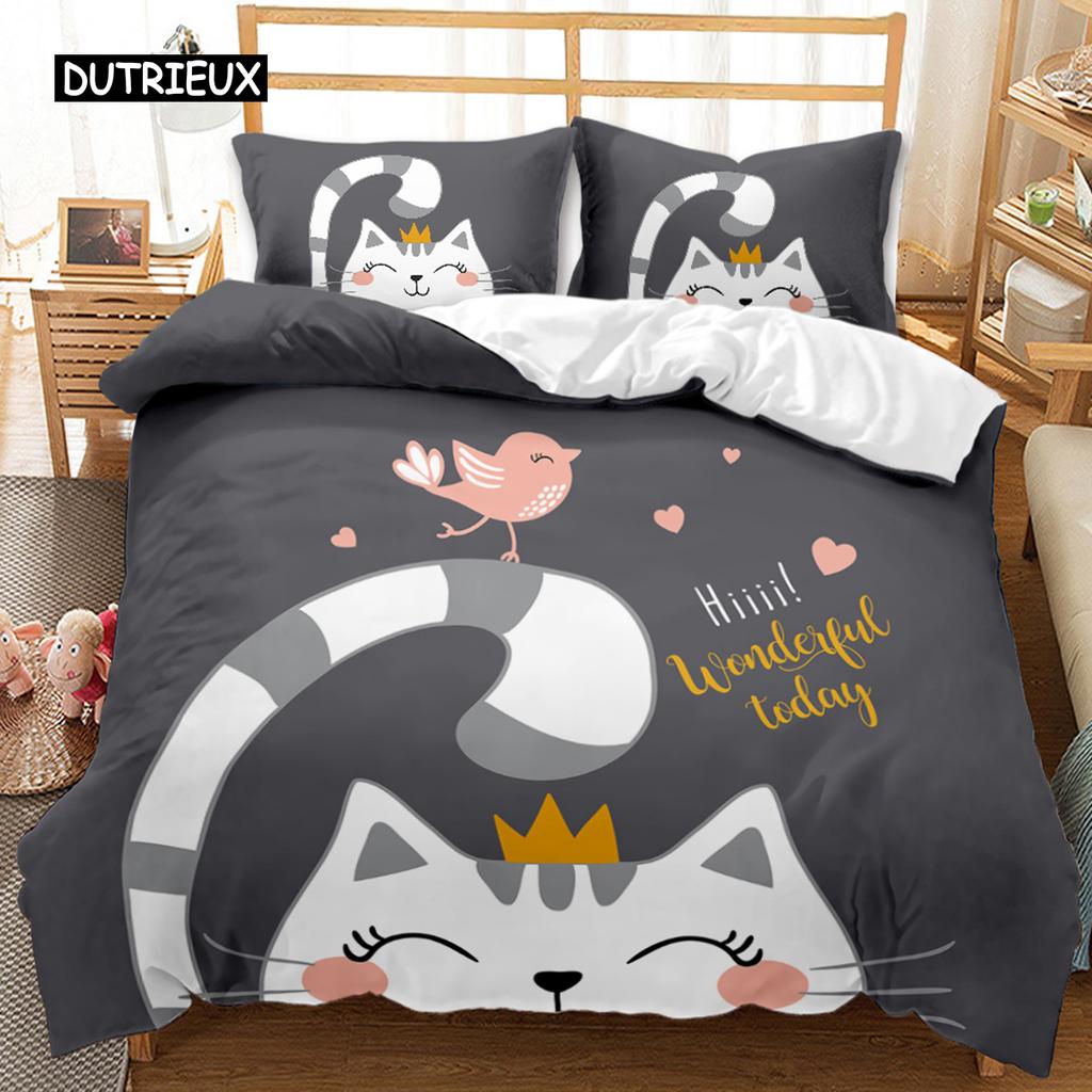 Cat Duvet Cover Set Cute Cartoon Cat Twin Bedding Sets for Boys Girls Animal Cat Pattern Queen King Size Polyester Qulit Cover