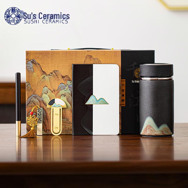 Sushih Ceramic Hand-Painted A Thousand Li of Rivers and Mountains Tea Cup Gift Set