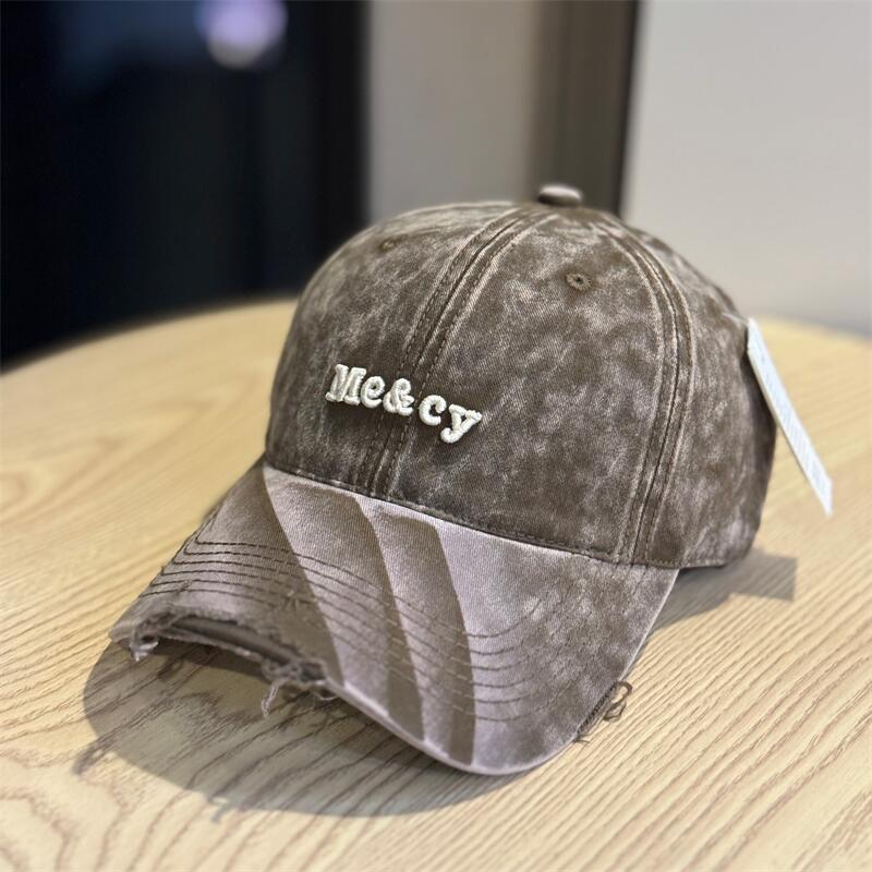Fashion Hat Korean Style Washed Distressed Letter Embroidered Baseball Cap for Women, Large Head Wrap, Wide Brim, Big Face Flattering Duckbill Cap