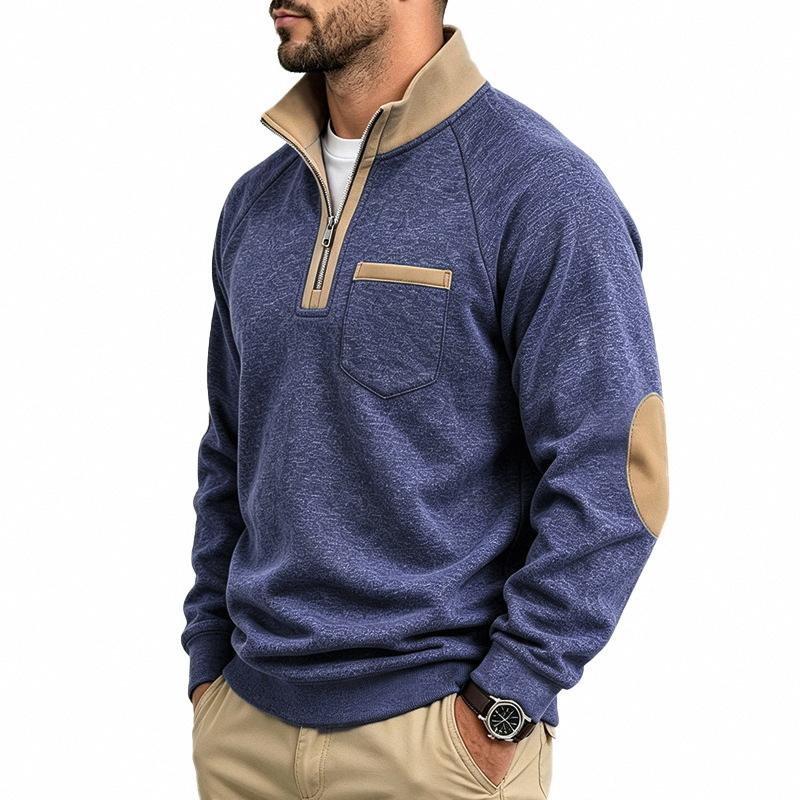 Autumn Winter Men Casual Half Zipper Stand Collar Sweatshirt Chic Patchwork Long Sleeve Loose Pullover Tops