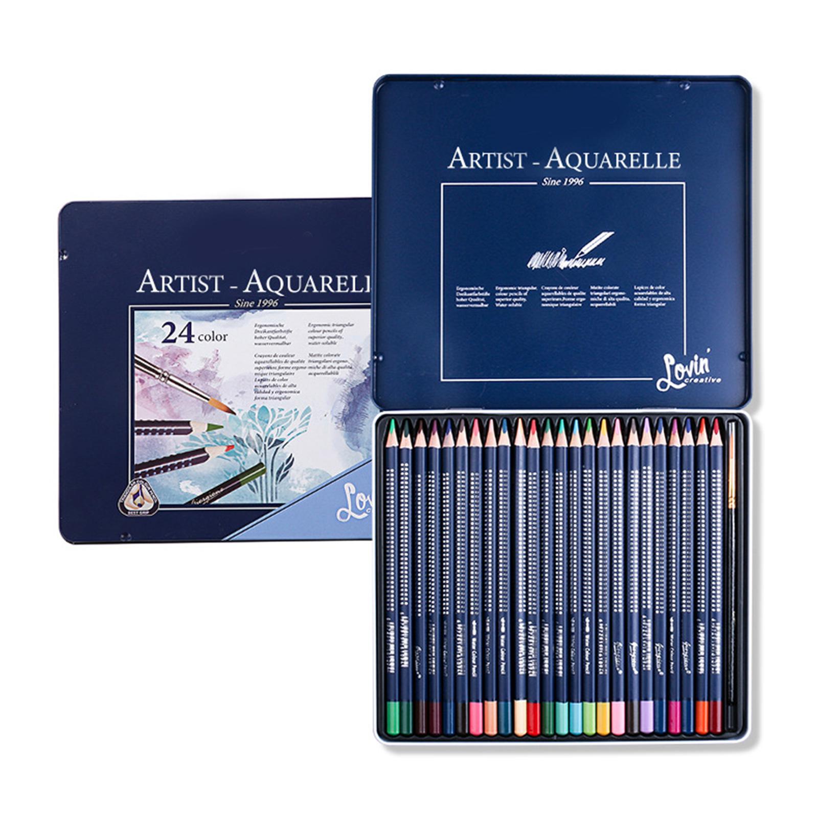 

Набір акварельних кольорових олівців з металевим футляром, кольорові олівці з тонким пензликом, художні матеріали для ескізів, розмальовування 24