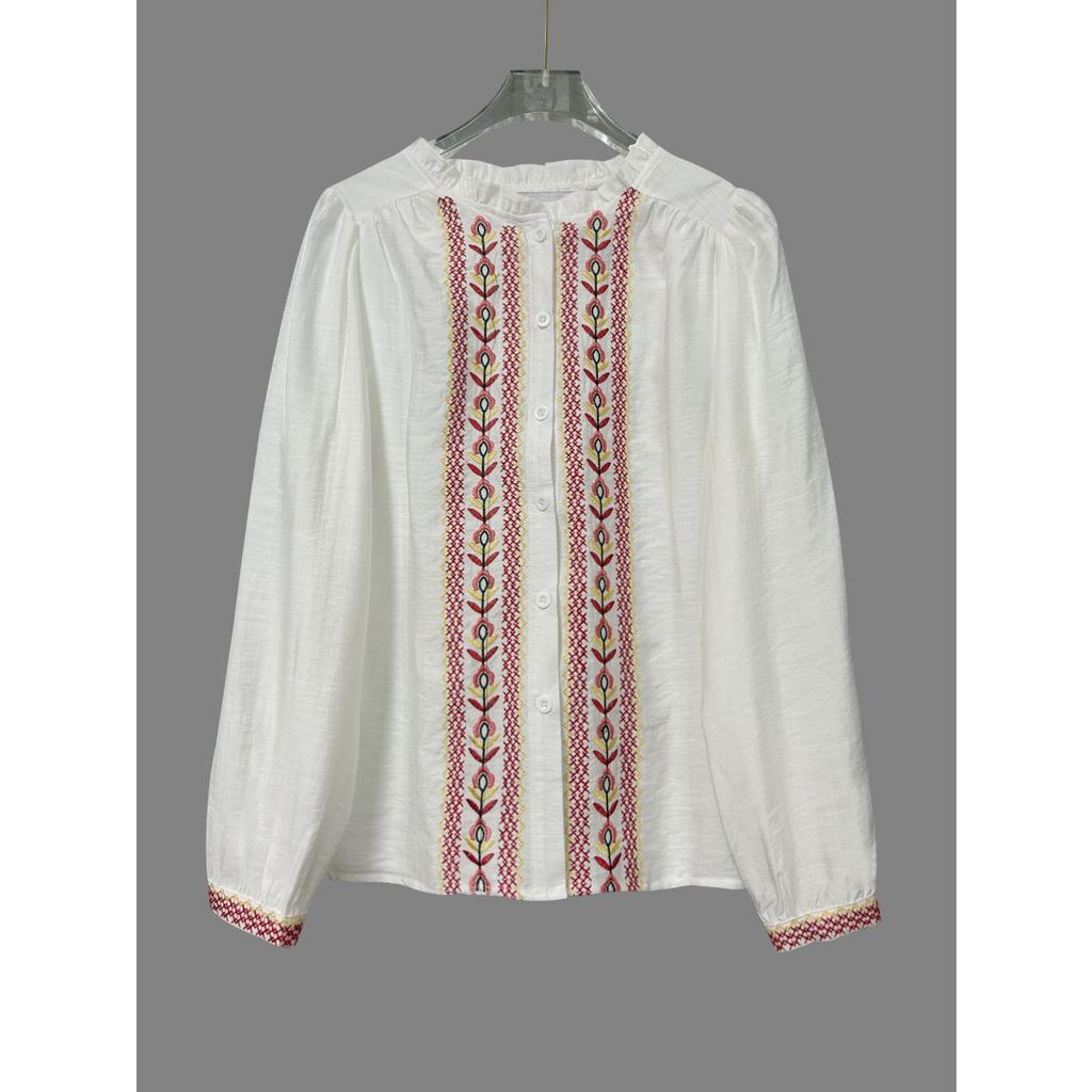 Spring Women's Vintage Ethnic Embroidered Long Puff Sleeve Vacation Blouse Top