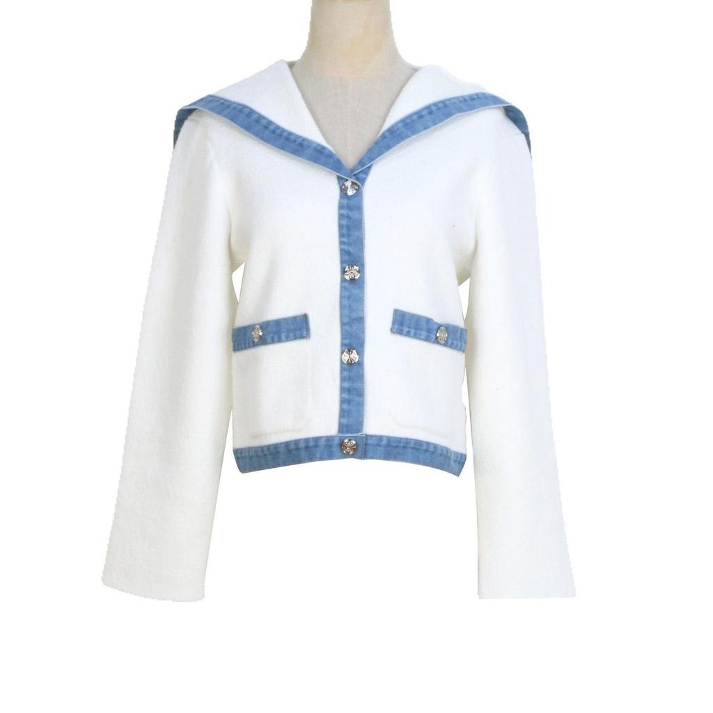 2025 French Preppy Patchwork Denim & Knit Cardigan Short Set