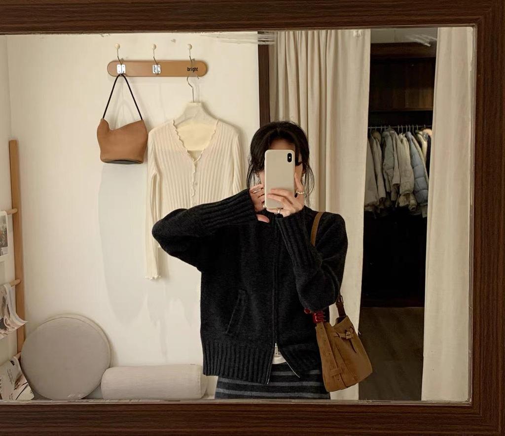 Women's Korean Stand Collar Zipper Knit Cardigan - Autumn/Winter Solid Color Sweater Coat